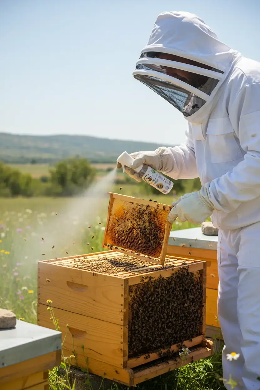 Beyaz arıcı tulumlu kişi bal peteği çerçevesine BeeHive+ solüsyonu püskürtüyor, çerçeve arılarla kaplı