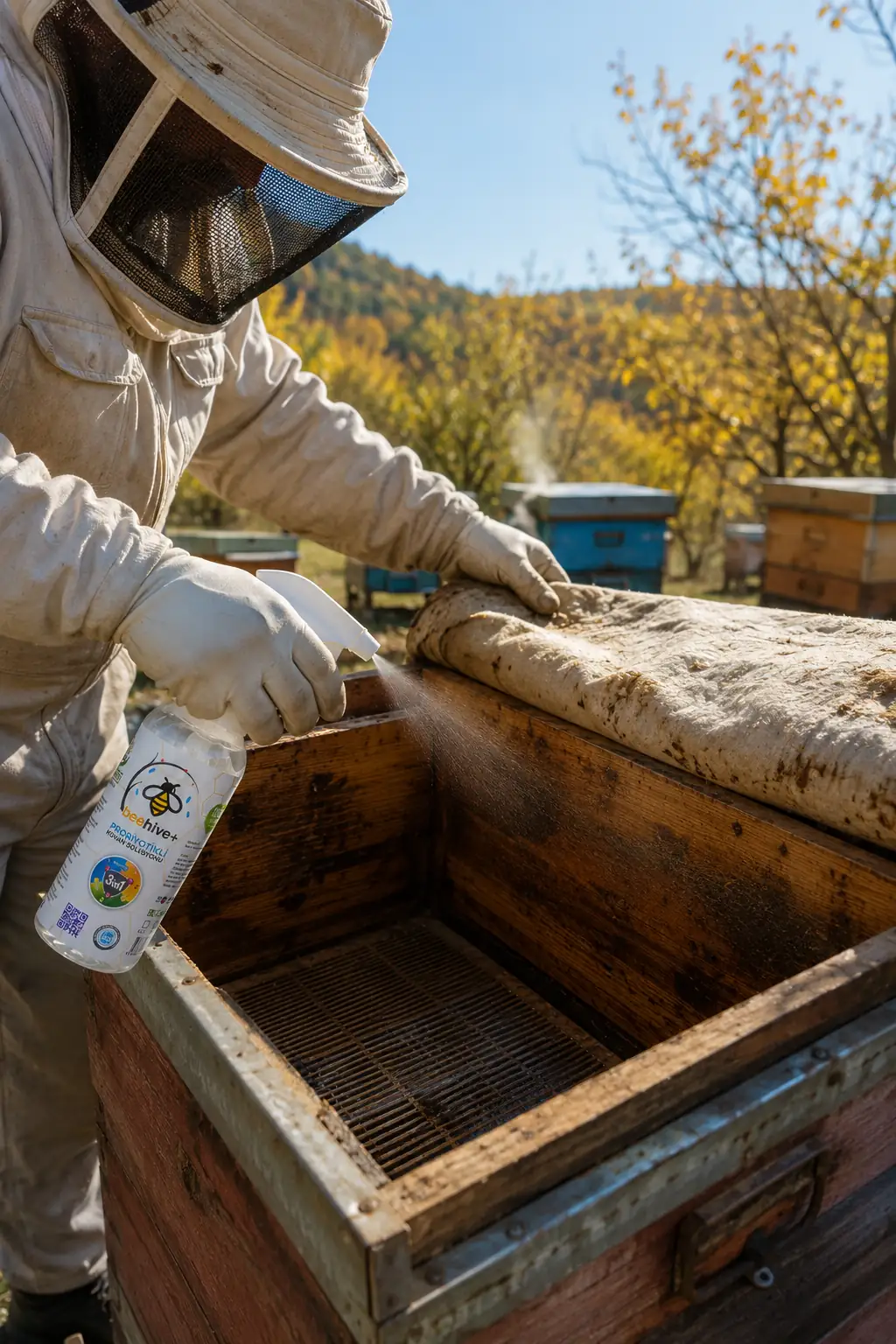 Arıcı sonbaharda kovan içine BeeHive+ püskürtüyor, arka planda sarı yapraklı ağaçlar ve kovanlar