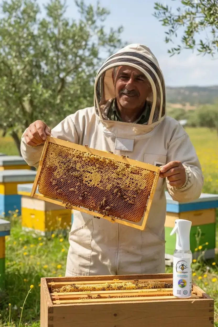Arıcı elinde bal dolu petek çerçevesi tutuyor, kovanın üstünde BeeHive+ sprey şişesi — arılıkta güneşli gün