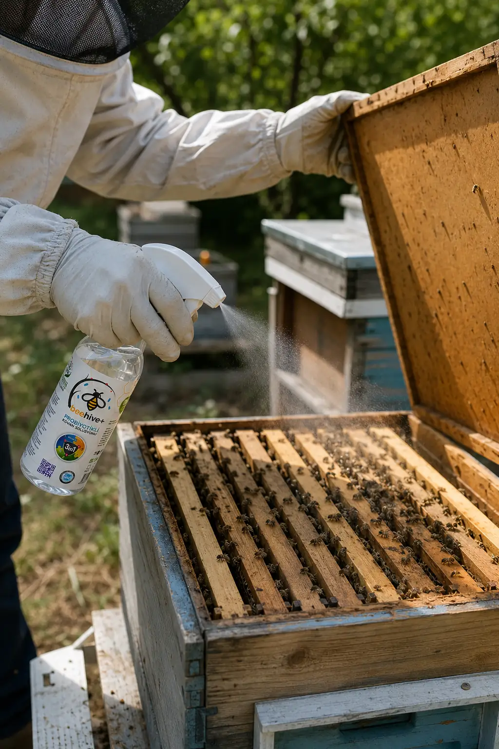 Dolu kovanın çerçeve aralarına yukarıdan BeeHive+ püskürtülmesi
