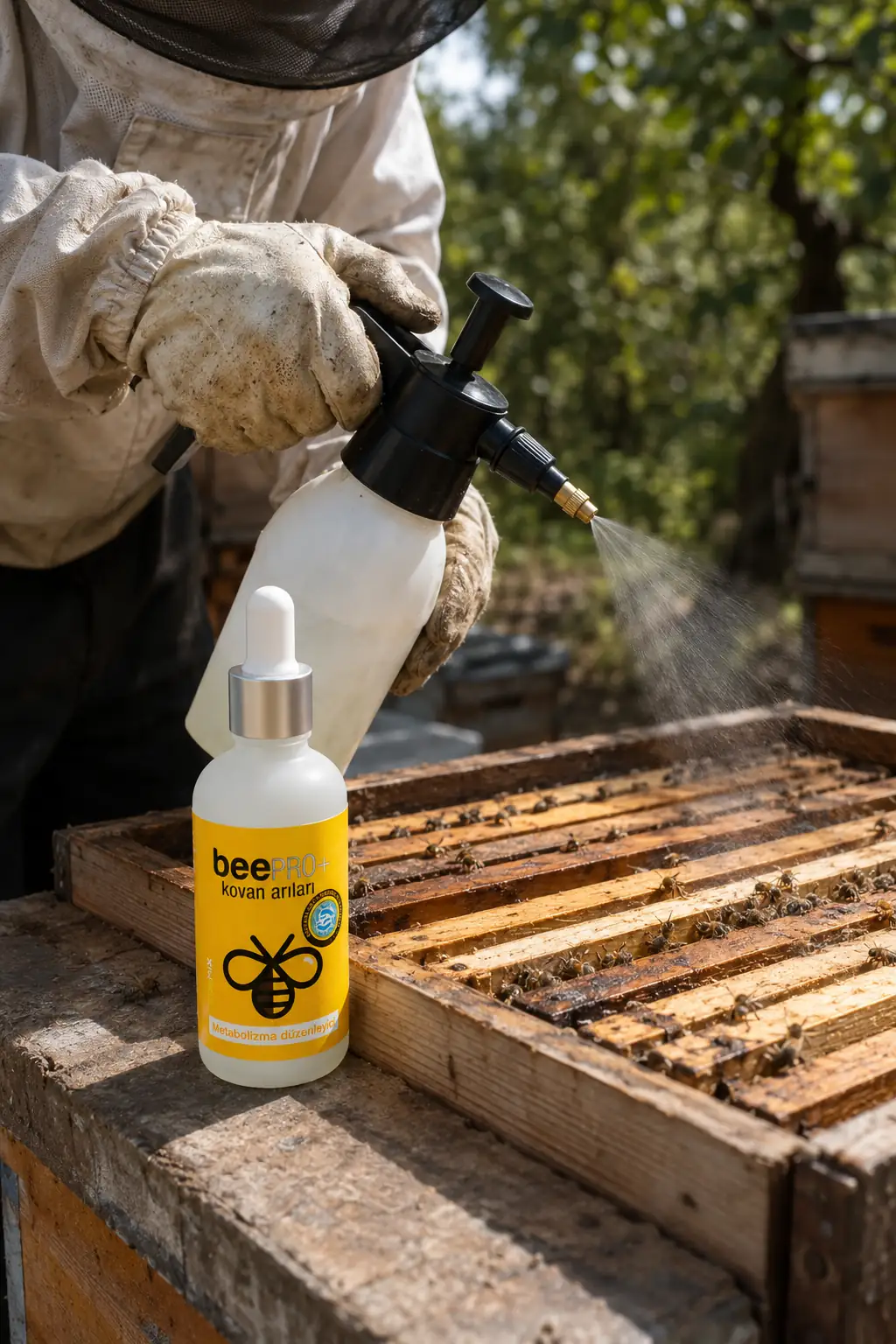 BeePRO+ solüsyonunun kovan çerçevelerinin üzerine püskürtülmesi