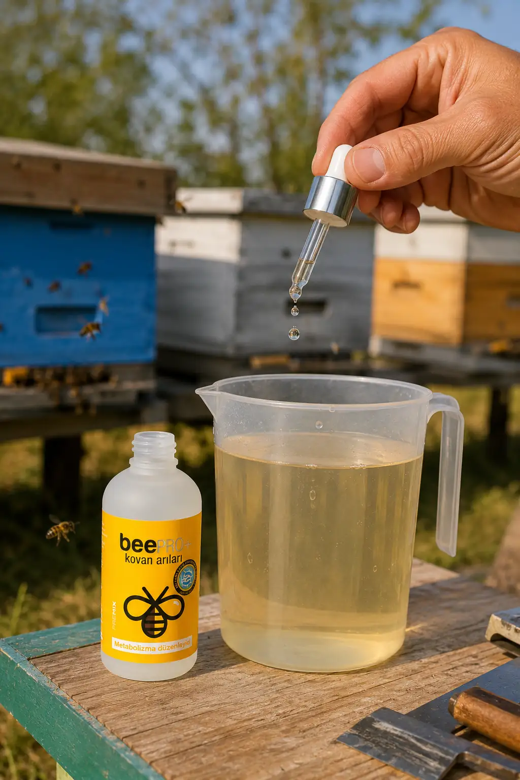 Arıcı BeePRO+ damlalıklı şişeden ölçü kabındaki şuruba probiyotik damlatırken — arka planda renkli kovanlar